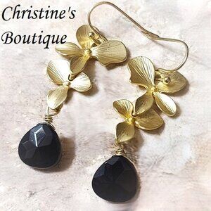 Black Onyx Gemstone & Matt Goldtone Orchid Flower Dangle Earrings